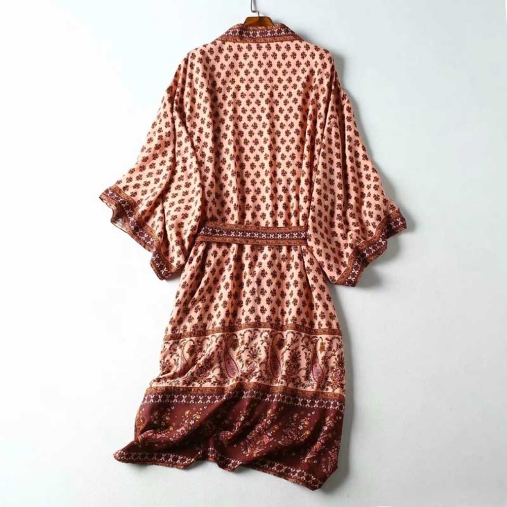 Red boho  Floral print Kimono Beach Cover Belted - Picture 13 of 14